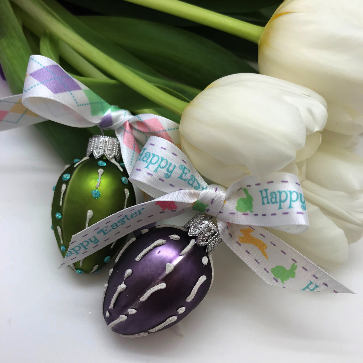 Happy Easter Ribbon with hopping bunnies printed on 5/8 white single face  satin