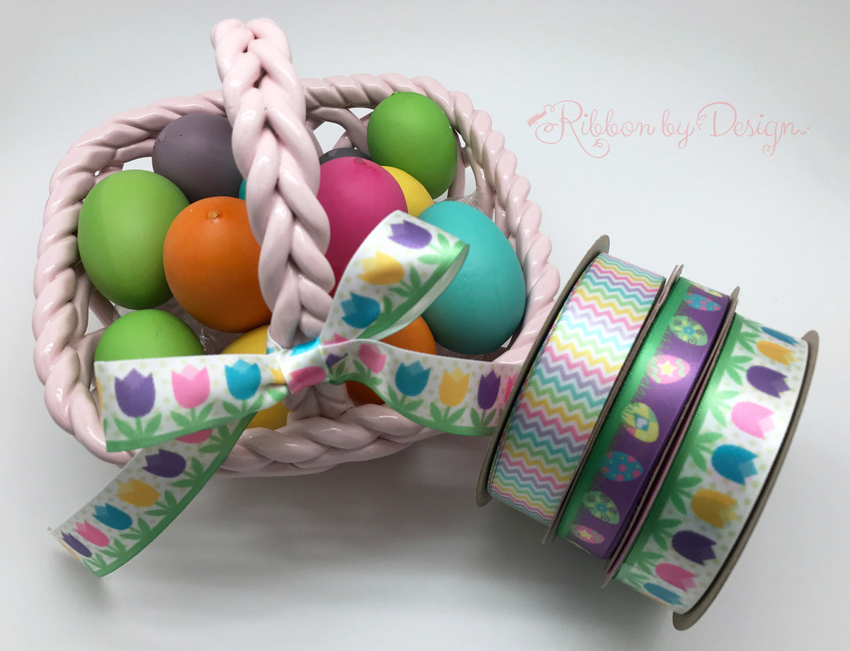 Easter Ribbon Happy Easter with eggs printed on 7/8 white satin